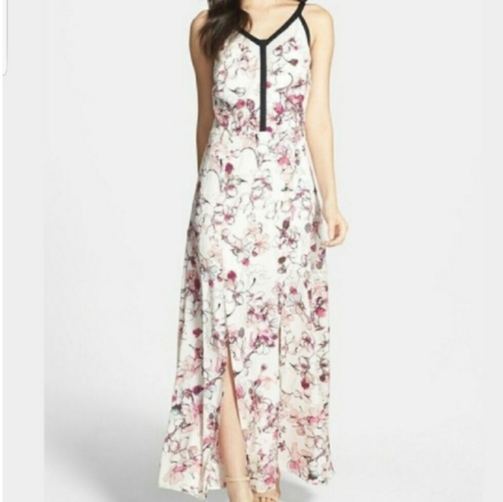 Chelsea 28 Pink/Cream Cherry Bloosom Print Maxi Dress with Black Trim,Size M.